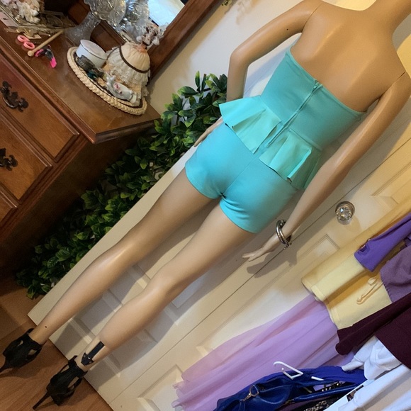 Turquoise strapless bustier leather peplum shorts romper playsuit jumpsuit S - Picture 8 of 15